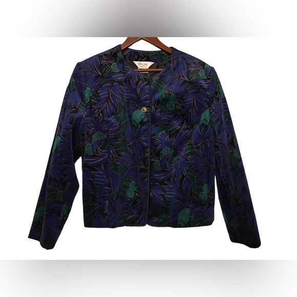 TAN JAY Women’s Velvet Textured Blue/Green Floral Blazer- 14 - Picture 4 of 8